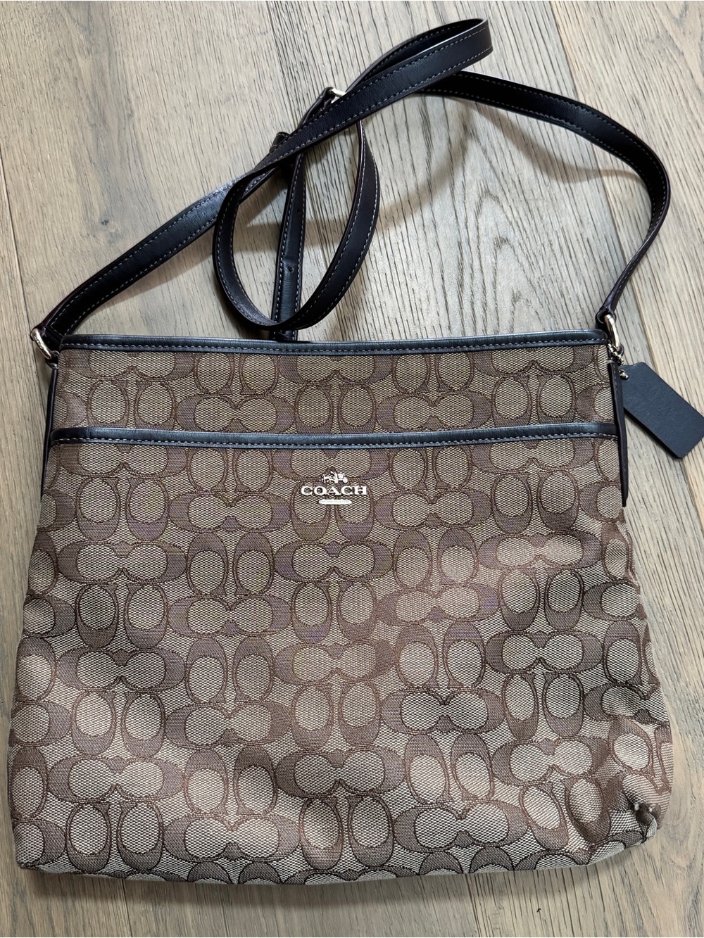 Coach Brown and Cream Signature Logo Crossbody with Gold Logo
